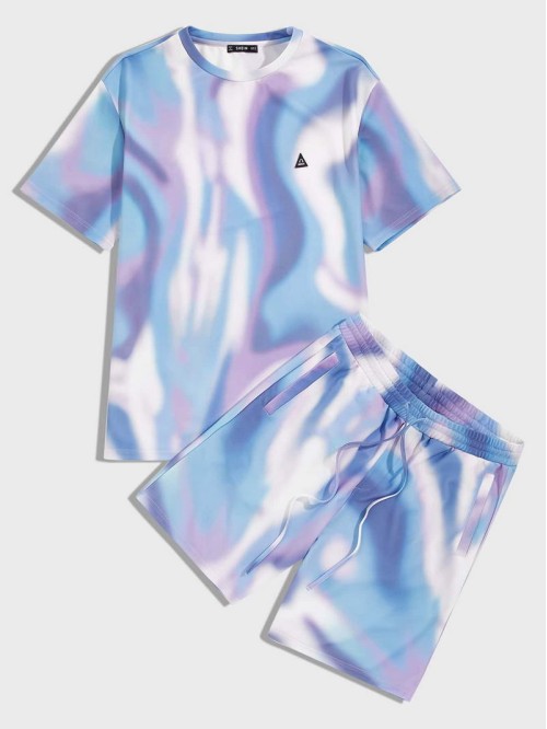 Men Patch Detail Tie Dye Top & Shorts Set