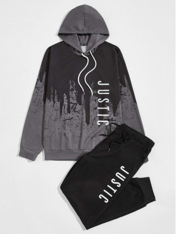 Men Letter Graphic Colorblock Drawstring Hoodie & Joggers Set