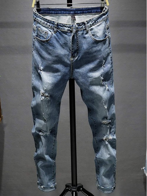 Men Ripped Cuffed Hem Skinny Jeans