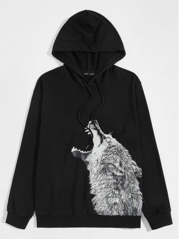 Men Wolf Print Drawstring Hoodie