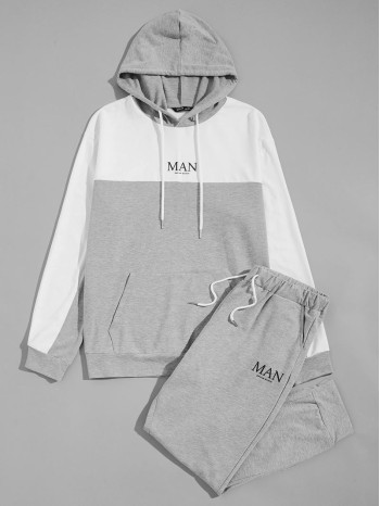 Men Letter Graphic Colorblock Hoodie & Sweatpants Set