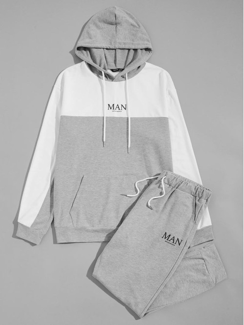 Men Letter Graphic Colorblock Hoodie & Sweatpants Set