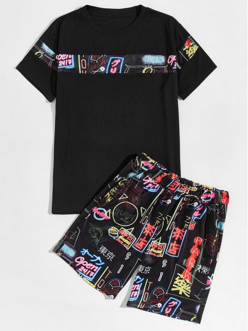 Men Contrast Panel Tee & Neon Graphic Shorts