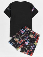 Men Contrast Panel Tee & Neon Graphic Shorts