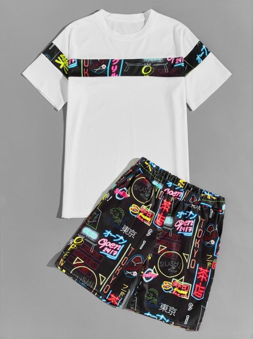 Men Contrast Panel Tee & Neon Graphic Shorts