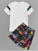 Men Contrast Panel Tee & Neon Graphic Shorts