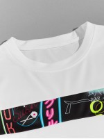 Men Contrast Panel Tee & Neon Graphic Shorts