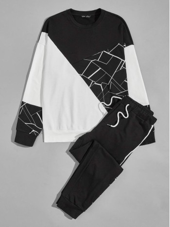 Men Geo Panel Colorblock Pullover & Joggers Set