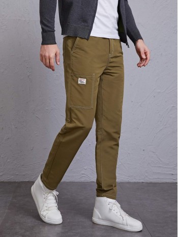 Men Letter Patched Slant Pocket Straight Leg Pants