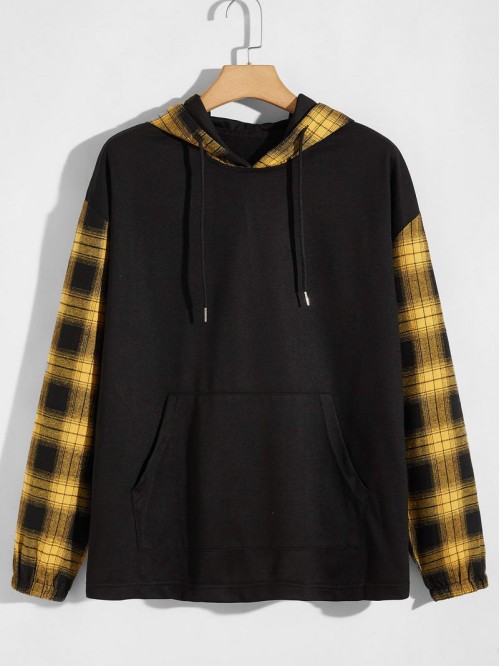 Men Contrast Plaid Panel Drawstring Hoodie