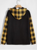 Men Contrast Plaid Panel Drawstring Hoodie