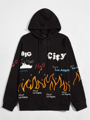 Men Slogan & Fire Graphic Drawstring Hoodie