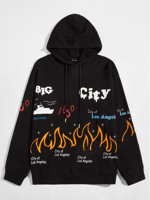 Men Slogan & Fire Graphic Drawstring Hoodie