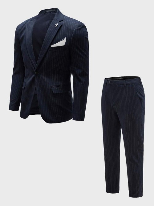 Men Vertical Striped Single Button Blazer & Tailored Pants