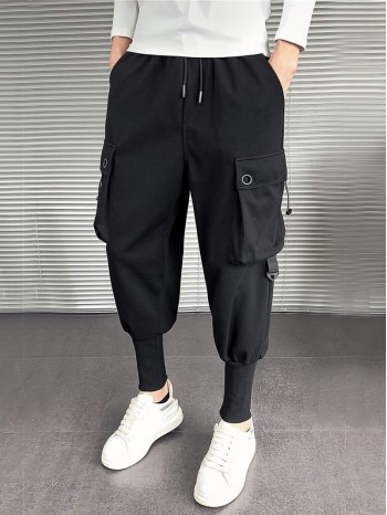 Men Flap Pocket Drawstring Waist Cargo Pants