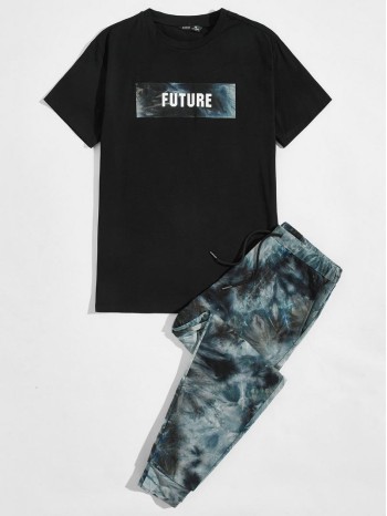 Men Letter Graphic Tee & Tie Dye Drawstring Sweatpants Set