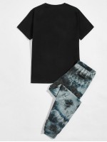 Men Letter Graphic Tee & Tie Dye Drawstring Sweatpants Set