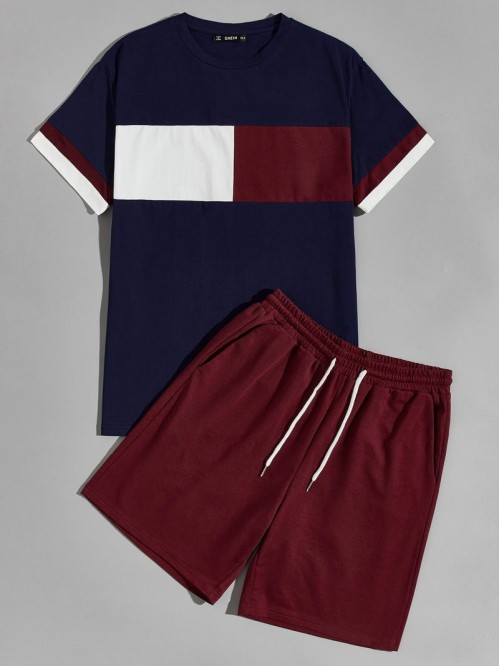 Men Colorblock Tee and Drawstring Waist Track Shorts Set