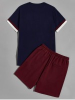 Men Colorblock Tee and Drawstring Waist Track Shorts Set