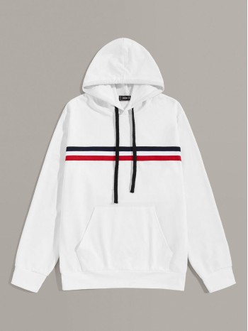 Men Striped Tape Detail Pocket Front Hoodie