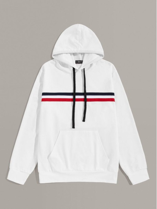 Men Striped Tape Detail Pocket Front Hoodie