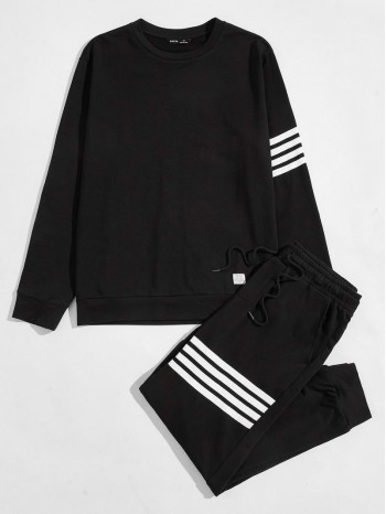 Men Striped Pullover & Drawstring Waist Sweatpants Set