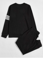 Men Striped Pullover & Drawstring Waist Sweatpants Set