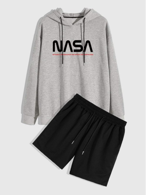 Men Letter Graphic Drawstring Hoodie With Shorts