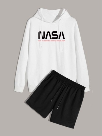 Men Letter Graphic Drawstring Hoodie With Track Shorts