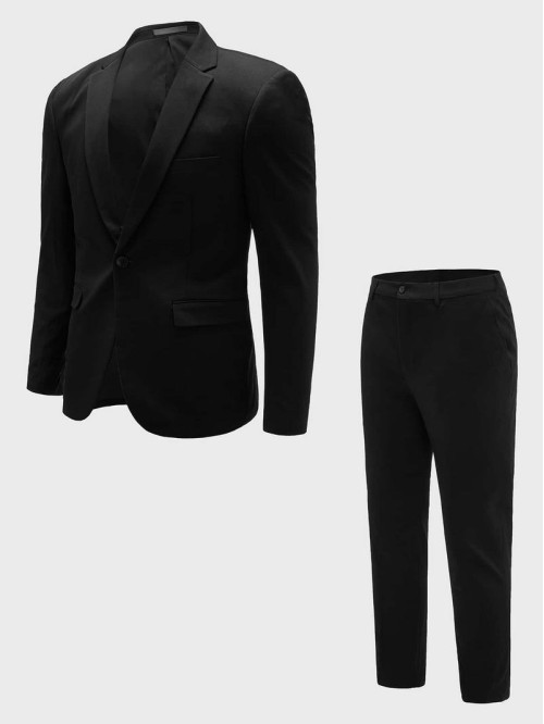 Men Solid Single Button Blazer & Tailored Pants