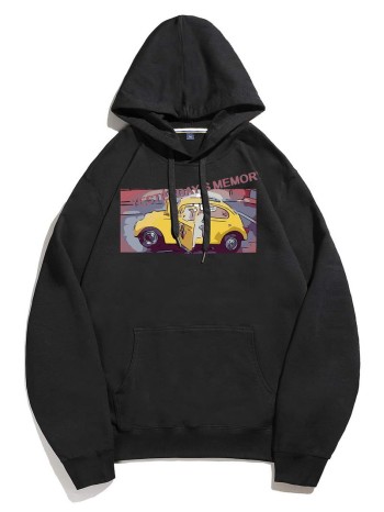 Men Car & Letter Graphic Kangaroo Pocket Drawstring Hoodie