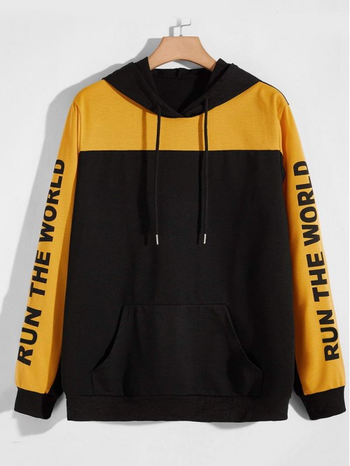 Men Slogan Graphic Two Tone Drawstring Hoodie