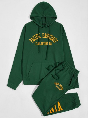 Men Letter Graphic Drawstring Hoodie & Sweatpants Set