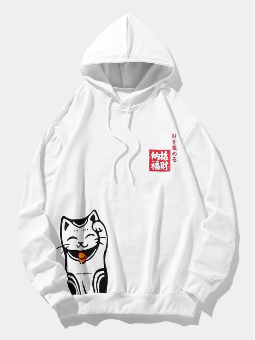 Men Cat And Japanese Letter Graphic Drawstring Hoodie