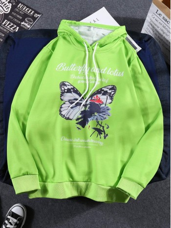 Men Butterfly & Slogan Graphic Hoodie