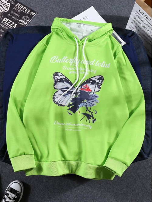 Men Butterfly & Slogan Graphic Hoodie