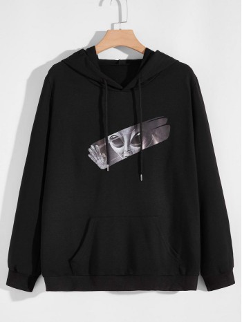 Men Alien Print Drawstring Hoodie