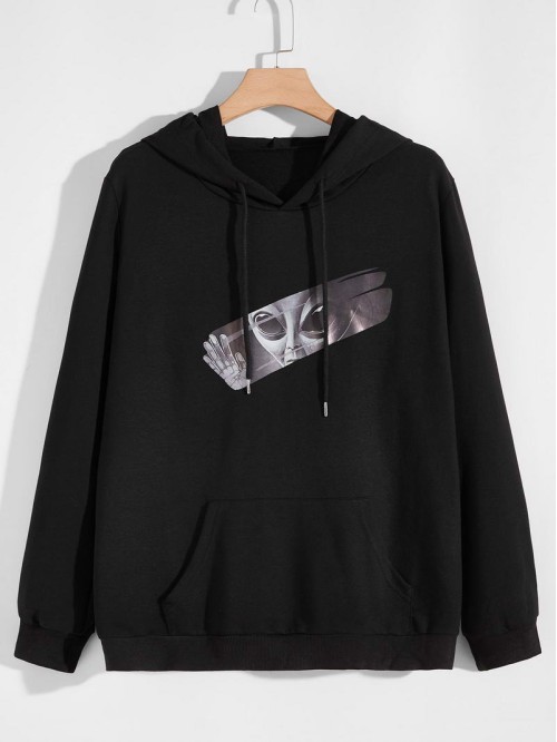 Men Alien Print Drawstring Hoodie