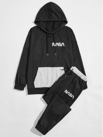 Men Letter Graphic Drawstring Hoodie With Sweatpants