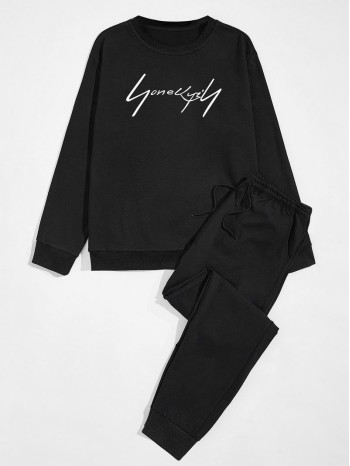 Men Letter Graphic Sweatshirt & Drawstring Waist Sweatpants