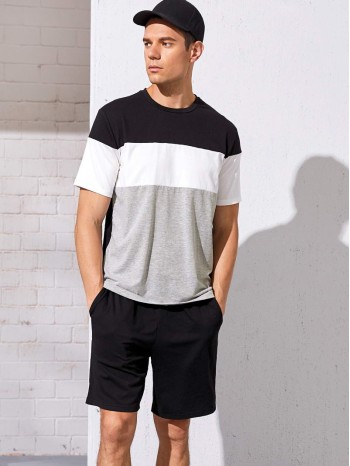 Men Colorblock Top & Shorts Set