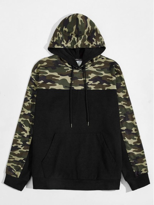 Men Camo Print Drawstring Hoodie