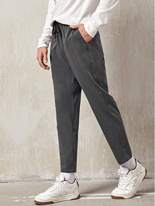 Men Drawstring Waist Slant Pocket Solid Pants