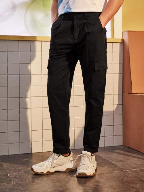 Men Flap Pocket Solid Trousers