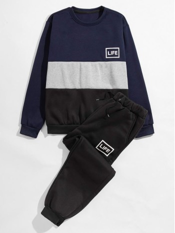 Men Color-block Letter Graphic Sweatshirt & Sweatpants