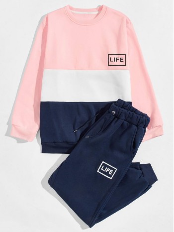 Men Color-block Letter Graphic Sweatshirt & Sweatpants