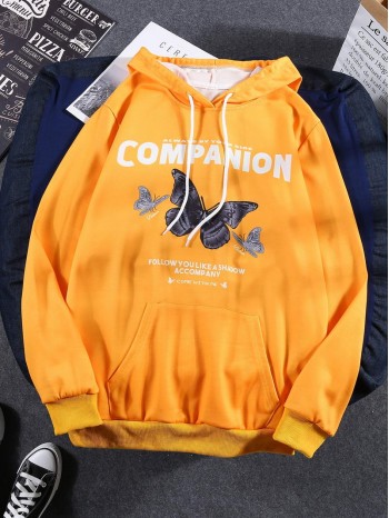 Men Butterfly And Slogan Graphic Hoodie