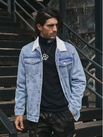 Men Contrast Collar Flap Pocket Denim Jacket