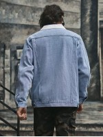 Men Contrast Collar Flap Pocket Denim Jacket