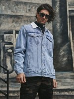 Men Contrast Collar Flap Pocket Denim Jacket